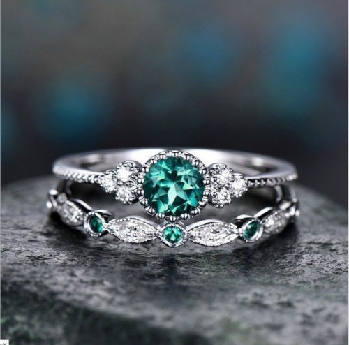 3 Colors Stackable Double Rings Sets For Women 925 Silver Round Green Blue Zircon Stone Engagement Female Birthstone Ring