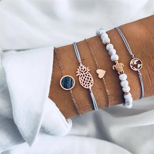 IPARAM 4 Pcs/ Set Vintage Gold Crystal Circle Arrow Bracelet for Women Bohemian Pink Opal Adjustable Charm Bracelet Jewelry Gift
