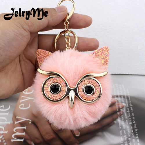 Lovely Sequin Ear Owl Keychains For Girls Boy Fluffy Fake Animal Fur Ball Pompon Key Chain Charm Women Bag Key Ring Teacher Gift