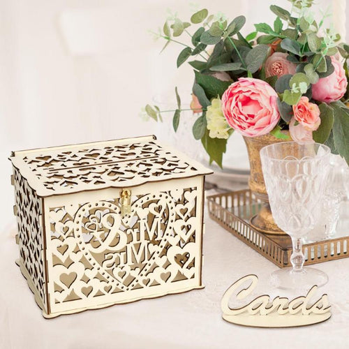 DIY Wedding Gift Card Box Wooden Money Box with Lock Beautiful Wedding Decoration Birthday Party Supplies